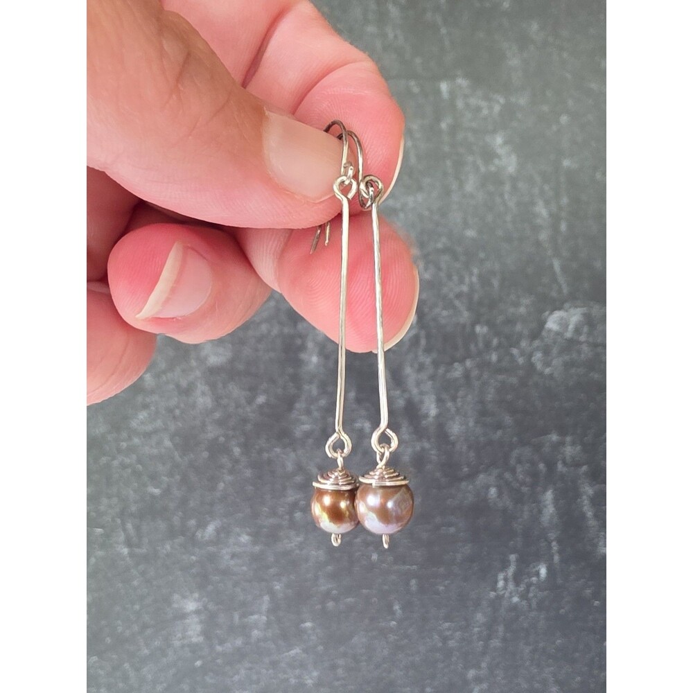 925 Sterling Silver Chocolate Pearl Beaded Dangling Pierced Earrings Vintage